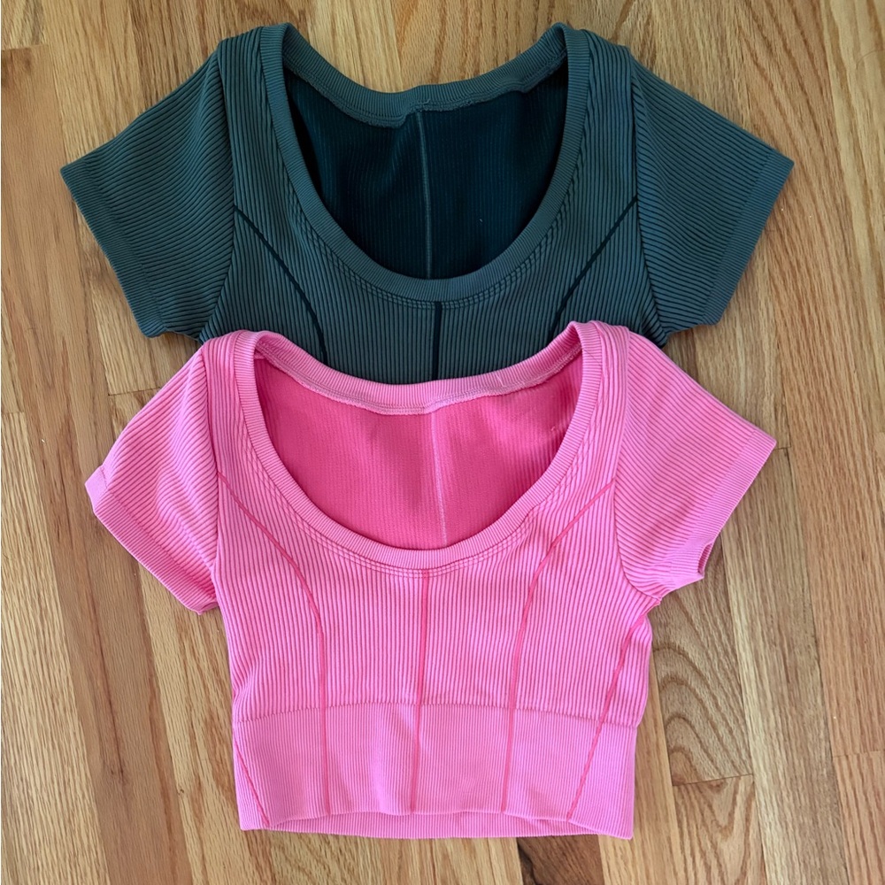 Offline By Aerie Ribbed Pink and Green Crop Tops